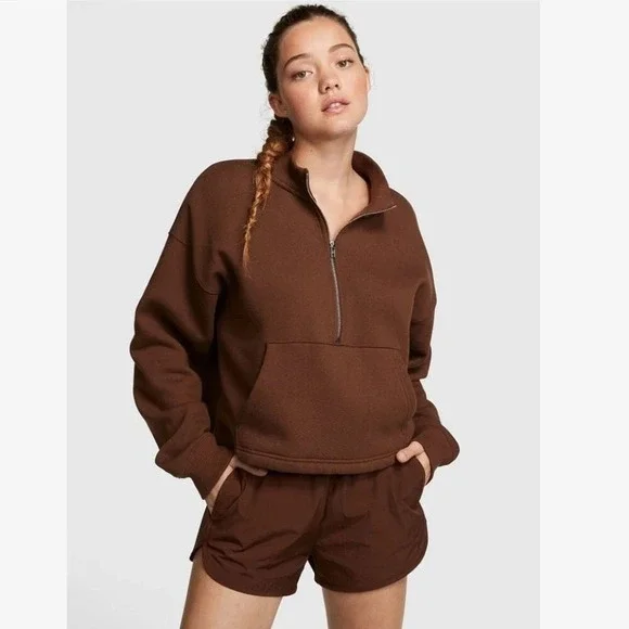 PINK Victoria's Secret Brown Quarter Zip Sweatshirt Pullover Size XS - Picture 1 of 14